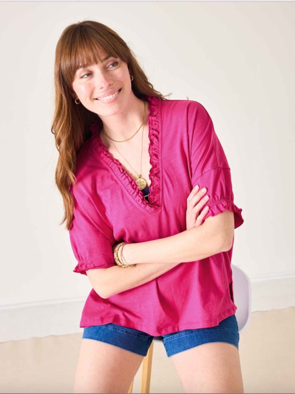 Mersea Amelia Ruffle Tee Magenta One Size Lagenlook Oversized Casual Pink Cotton